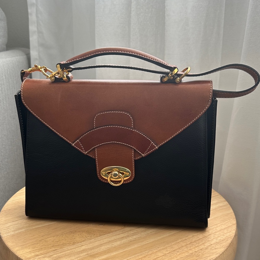 Vintage Saint Rosa Black and Brown Leather Handbag